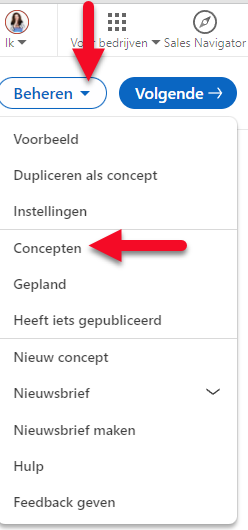 Zo vind je het concept van je artikel op Linkedin terug - onder beheren.