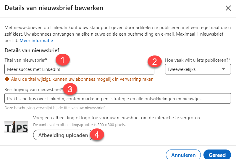 Uitleg over de velden die je in moet vullen voor je LinkedIn nieuwsbrief.