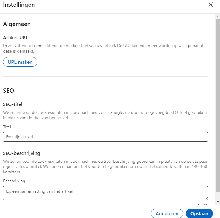 LinkedIn artikel SEO instellingen