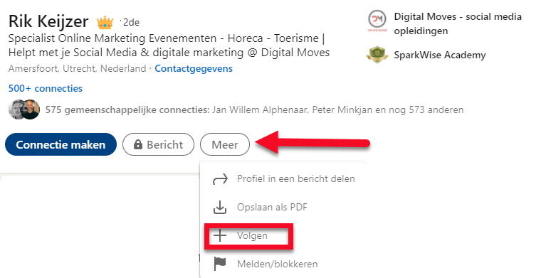 hoe volg je iemand op linkedin? Klik op 'Meer' en 'Volgen'. Of direct op de volgen knop als dat mogelijk is.