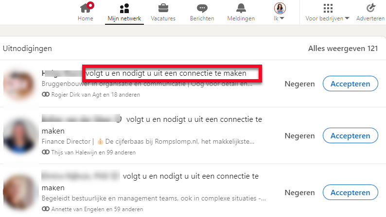 Volgen of linken op LinkedIn, als je iemand uitnodigt ben je automatisch volger.