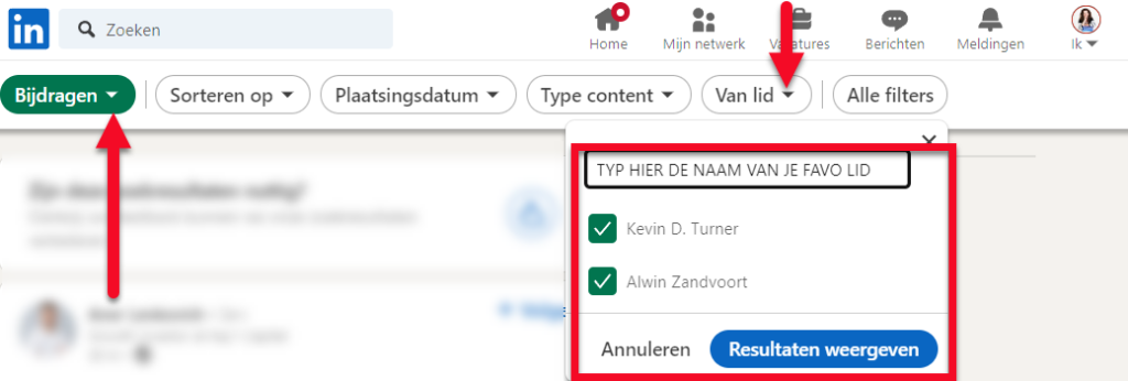 Zoek op bijdragen en naam van linkedinleden waarvan je deze wilt volgen.