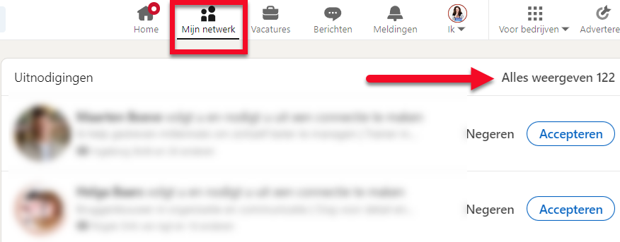 Onder 'Mijn netwerk' vind je je uitnodigingen terug, ook die je gestuurd hebt.