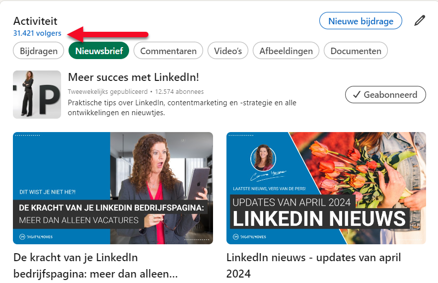 Je vind je volgers terug onder 'Activiteit' in je linkedinprofiel.