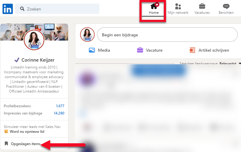 Je opgeslagen items op LinkedIn vind je terug op de homepage links.