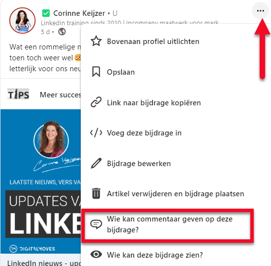 Hoe zet je reacties uit in een bijdrage op LinkedIn? LinkedIn expert en trainer Corinne Keijzer legt het je uit.