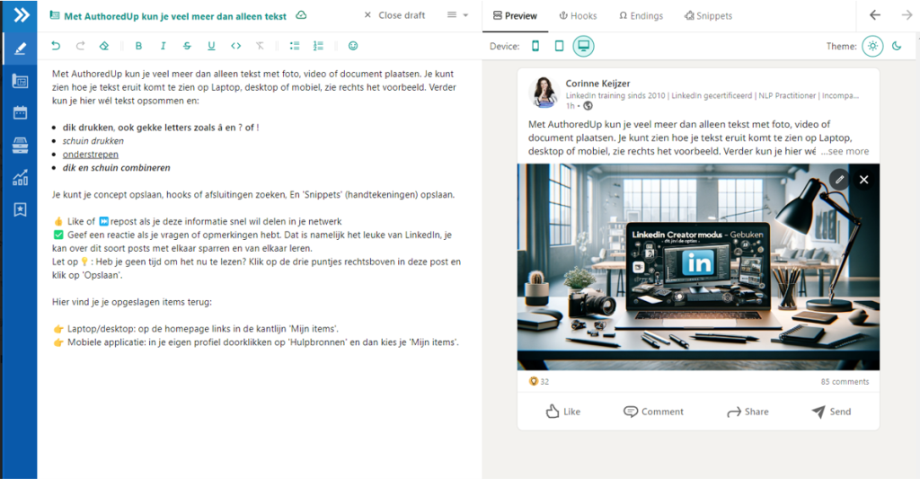 Tool voor LinkedIn, AuthoredUp, waarmee je je bijdragen kunt opmaken.