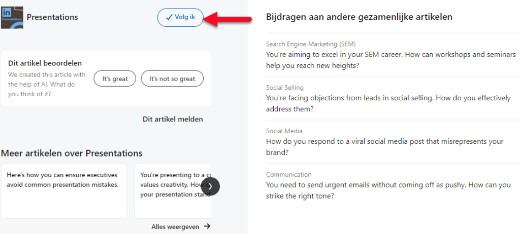 Volgen van gezamenlijke artikelen LinkedIn