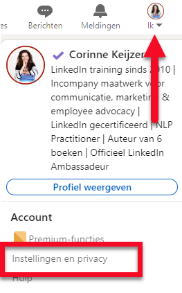 Je vindt je instellingen van LinkedIn onder 'ik'.