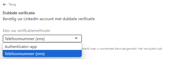 mogelijkheden voor tweestapsverificatie, sms code of authenticator-app