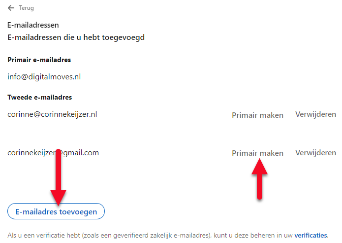 Voeg een emailadres toe en maak primair welke je wilt laten zien in je contactgegevens.