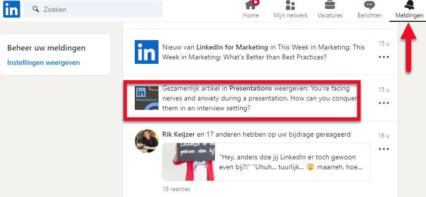 Melding gezamenlijke artikelen LinkedIn