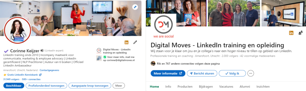 persoonlijk profiel vergeleken met de bedrijfspagina LinkedIn